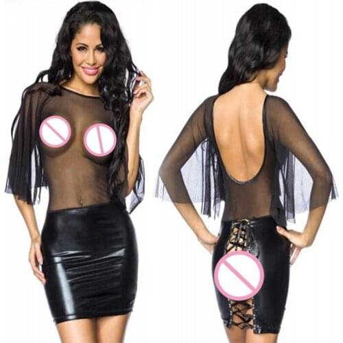 Sheer Mesh See Through Dress Women Black Half Sleeve Wet Look Leather Sexy Backless Mini Dress Vestidos Sexy Club Dress