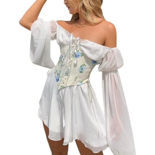 Off Shoulder Chiffon Dress Long Flared Sleeves Corset Women Clothing Summer Skirt Strapless with Hollow Waist Knee Blow