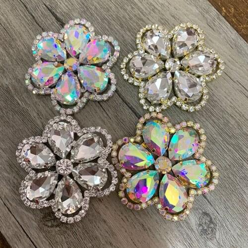 5.5cm Flower shape rhinestone applique crystal strass flatback gold or silver base sew on rhinestone for wedding dress shoes DIY