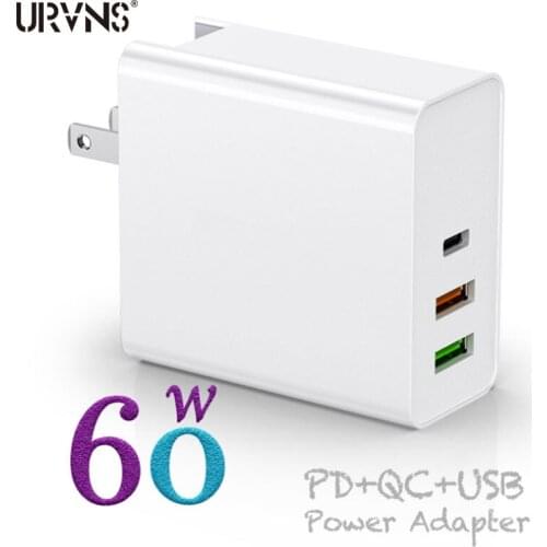 URVNS 3-port 60W USB C Power Adapter 30W PD +18W QC3.0 +12W USB Type-C Wall Charger For MacBook Air, iPhone 11/XS/X/8, iPad Pro