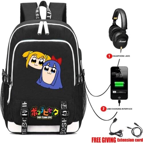 Anime Pop Team Epic backpack USB Charging Headphone Multifunction bag Teenagers Schoolbag Unisex Travel bag Rucksack 10 style