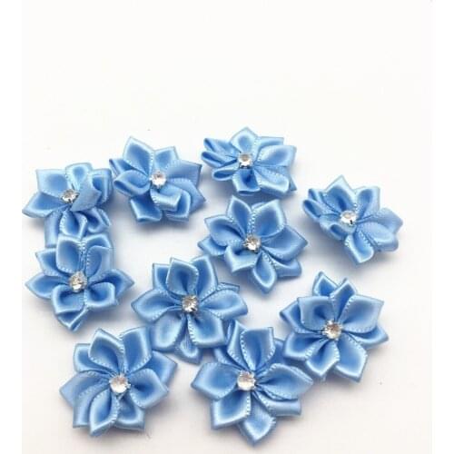 100pcs 25MM Blue Color Satin Ribbon Flowers Rhinestone Diamond Craft Flower For Wedding Table Decorations Embellishments