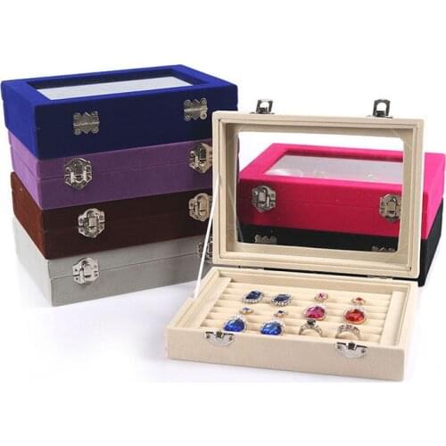 2018 new 7 Color 8 Booths Velvet Carrying Case with Glass Cover Jewelry Ring Display Box Tray Holder Storage Box Organizer