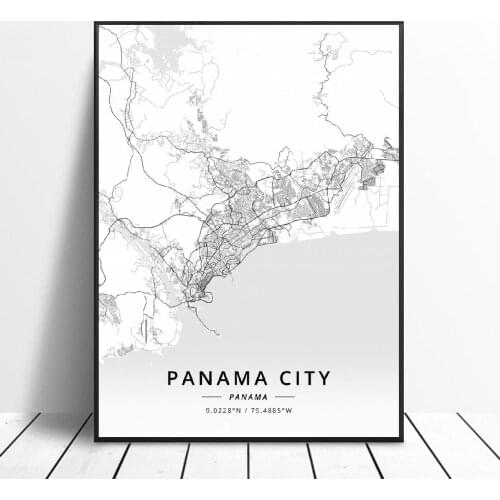 Black and White Panama city Panama Latitude Longitude Canvas Art Map Poster