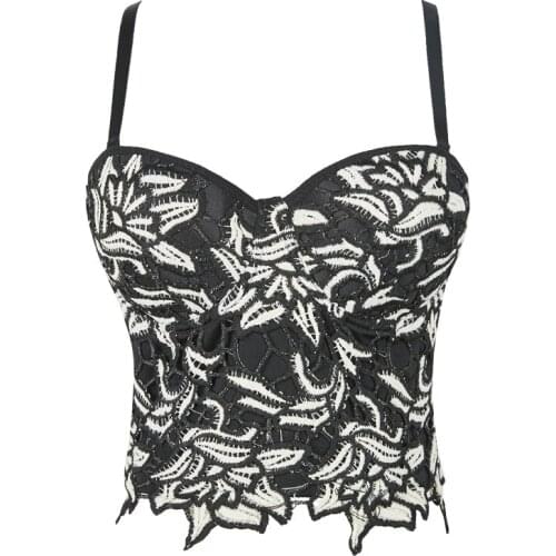 Corzzet Women Punk Black&White Flora Lace Bustier Bra Crop Top Burlesque Club Dance Party Body Shaper Corsets and Bustier