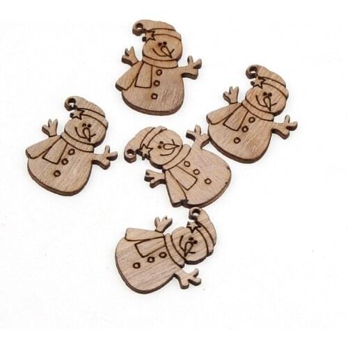 20pcs Natural Wooden Scrapbook 28x30mm Christmas Snowman Pattern Holiday Decoration Crafts Diy Home Decoration Accessories