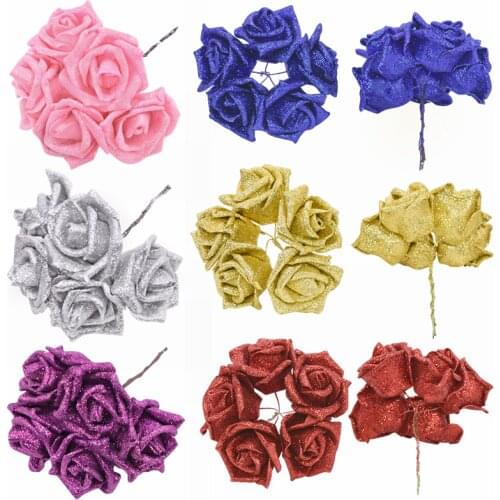 10Pcs 5.5cm Glitter Foam Rose Artificial Flowers Bouquet Wedding Party Decoration Home DIY Wreath Craft Fake Rose Flower Supplie