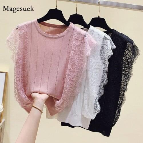 Korean Sleeveless Women Tops Summer O-Neck Lace Patchwork Knitted Blouse Spring Mesh Shirt Solid Hollow Out Clothes Blusas 13635
