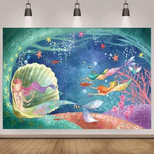 Colorful Mermaid Cartoon Girls Painting Studio Photography Backgrounds Newborn Baby Shower Birthday Party Backdrops Custom Booth