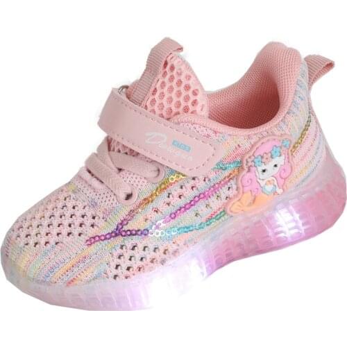 Disney cartoon flying woven girls sneakers led luminous shoes autumn new elsa princess breathable childrens net shoes flashing