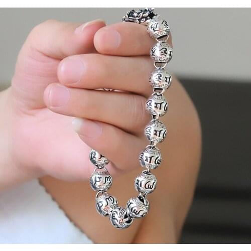 S999 Sterling Silver Bracelet Fashion Mens Six Character Truth Dragon Head Retro Buddha Beads 999 Pure Silver Jewelry