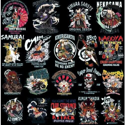 2021 New Cool Cartoon Japan Anime Dancing girl cat samurai Heat Transfer washable DIY Mens T-shirt decorate