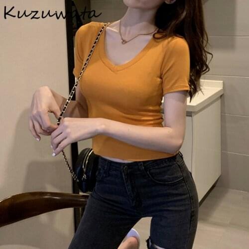 Kuzuwata O Neck Pullover Short Sleeve T Shirt Women Slim Fit Multicolor Tees Summer 2021 New Ladies Top Simple All Match