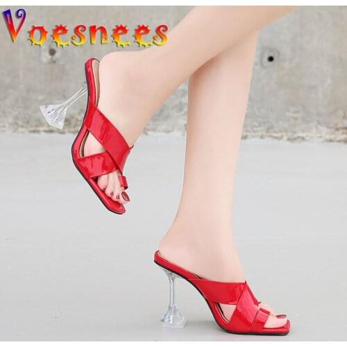 Voesnees Womens Slippers Summer Fashion Cross Vamp New Transparent Heel Toe Sandals Sexy Square End Peep Toe High-Heeled Shoes