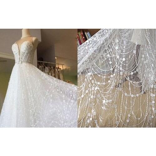 Fabulous Sequined Alencon Lace Fabric Luxury Ivory Tassels Wedding Tulle Lace 53 Inches Wide By The Yard