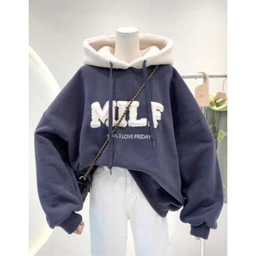 Hoodies Womens Sweatshirts Letter Print Lamb Wool Pullovers Loose Korean Style Jacket Full Sleeve Casual Tops