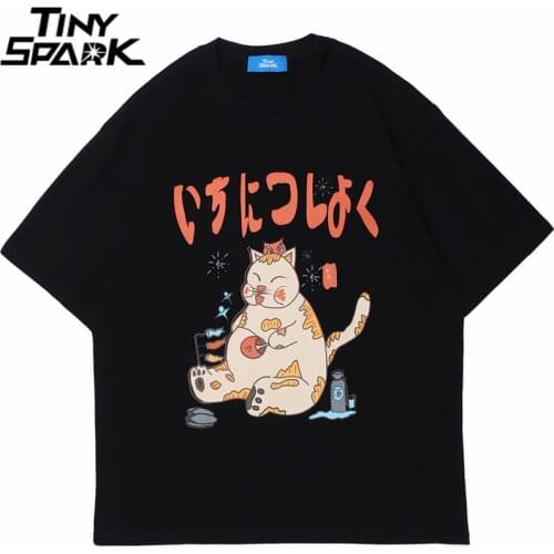 Streetwear Harajuku Cotton T Shirt 2021 Men Hip Hop Fat Cat Japanese Kanji Print Tshirt Summer Short Sleeve T-Shirt Black White