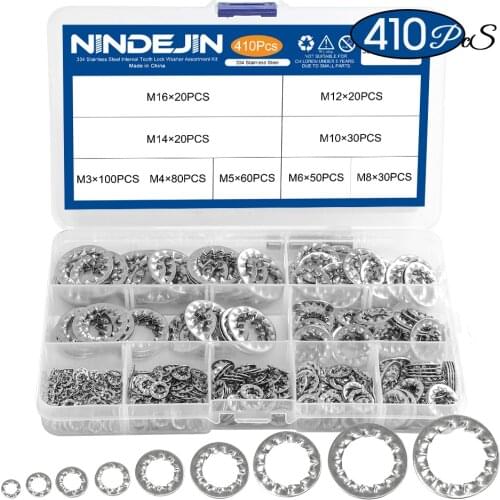 NINDEJIN 410pcs/set internal tooth lock washer assortment kit 304 stainless steel m3 m4 m5 m6 m8 m10 star lock washer DIN6797J