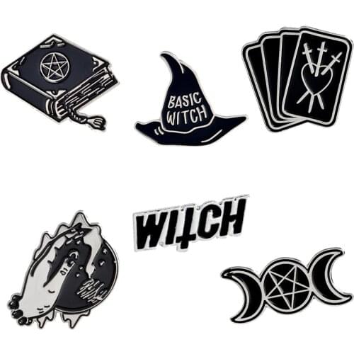 Witch Wizard Magic Book Tarot Hat Ball Triple Moon Brooch Dark Punk Halloween Metal Enamel Pins for Women Men Jewelry Wholesale