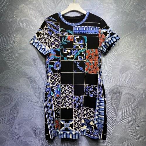 Spring summer chic womens vintage plaid long T-Shirts high quality 95%cotton floral print Tee tops C301