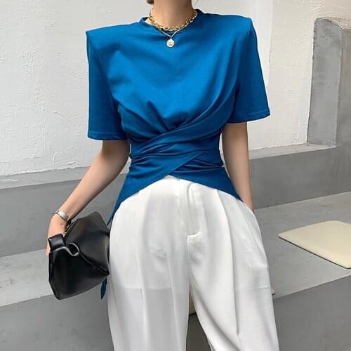 Fanshion Shoulder Pads T-Shirt Split Fork Short-Sleeved Summer Female Clothing New Cross Design Feeling O-Neck Mid-Length Tees