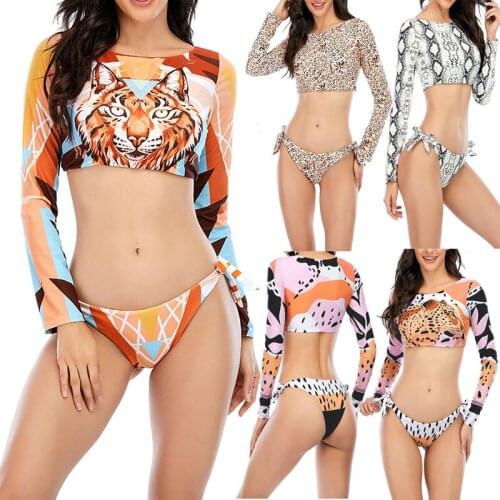 Women Surfing Swimsuit For Women 2021 Bikini Long Sleeve Swimwear Tiger Print Push Up Summer Bath Suit Two Piece Bandeau Biquini