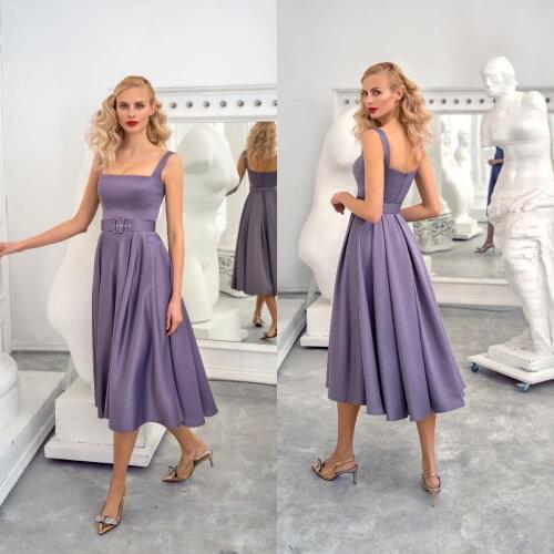 2021 Purple Tea Length Cocktail Dresses Square Neck Satin A Line Prom Gown Party Wear Customize Women Robe De Soirée