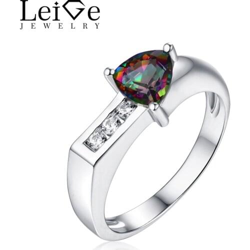 Leige Jewelry Wedding Anniversary Rings for Women High Quality Mystic Topaz Ring Rainbow Gemstone Triangle Cut Silver 925