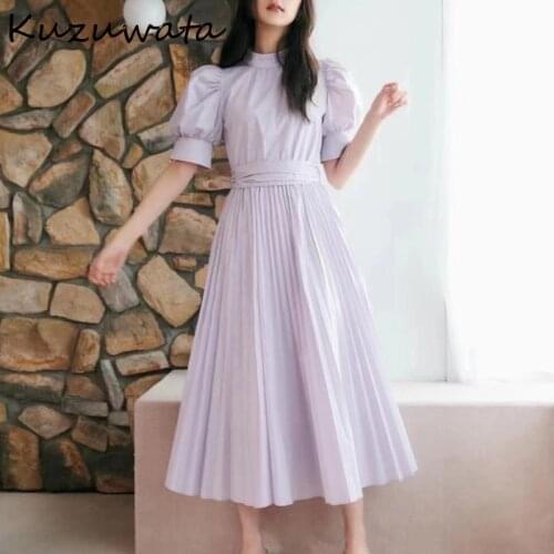 Kuzuwata O Neck Puff Sleeve Bowknot Drawstring High Waist Solid Dresses 2021 Spring Summer New Design Vestidos Office Lady Robe