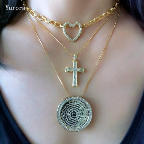 Luxury Big Round Pendant Necklaces Pave Zircon Cross Gold Plated Chain Heart-shaped Women aesthetic necklace Cool Stuff Jewelry