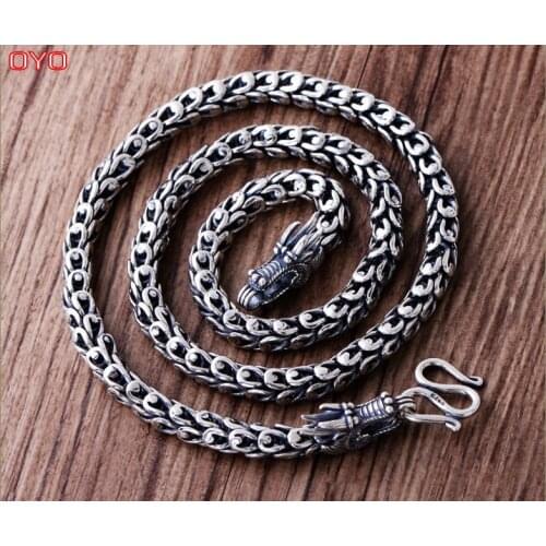 100% 925 sterling silver double faucet vintage 7mm thick dragon scale chain mens necklace for men