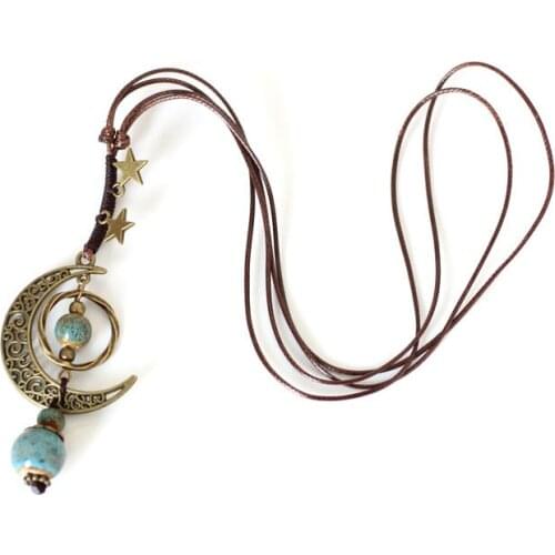 2021 Vintage Moon Ceramic Beads Necklace Holiday Women Statement Jewelry Adjustable Rope Chain Long Sweater Necklace