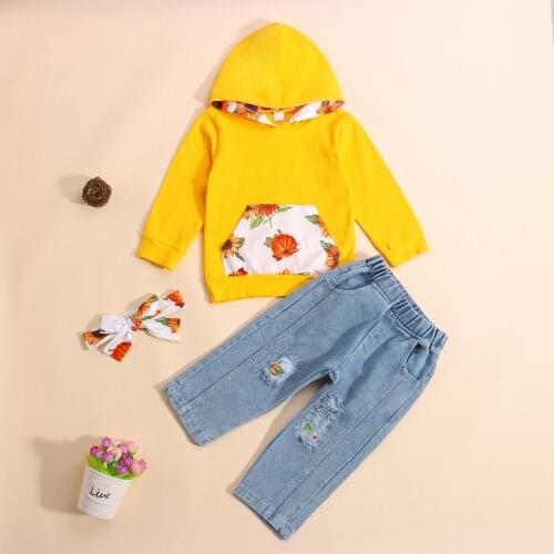 Baby Girl 3Pcs Fall Outfits, Floral Print Long Sleeve Hoodie + Ripped Pants + Headband Set
