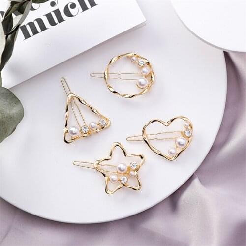 Elegant Women Simple Design Minimalist Gold Hollow Triangle Geometric Star Metal Pearl Hairpin Hair Clips Hair Accessories Hot