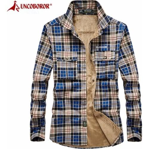 Flannel Warm Plaid Shirts Men Autumn Winter Casual Slim Long Sleeve Shirts Camisas Hombre 100% Cotton Male Thick Fleece Shirts