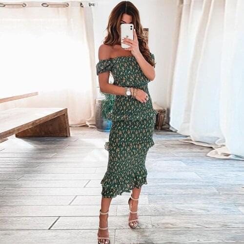 Foridol 2021 Summer Boho Floral Print Dress Women Ruffle Green Bodycon Long Dress Beach Holiday Elastic Dress Elegant