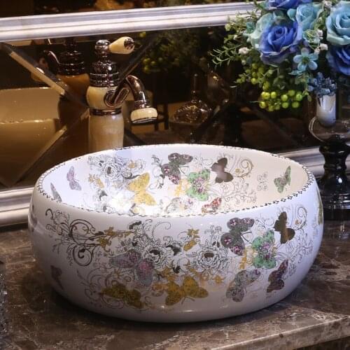 Chinese washbasin sink Jingdezhen Art Counter Top wash hand basin art basin Butterfly pattern ceramic wash basin bathroom sink