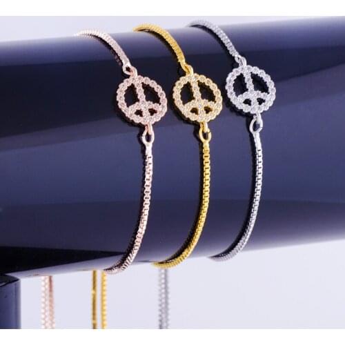 Small Micro Pave Zircon Crystal Peace Sign Charms Bracelets Handmade Copper Square Chain Womens Bracelets Bijoux Pulseras Mujer