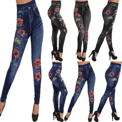 Fashion Slim Women Leggings Floral Print Pencil Faux Denim Jeans For Girls Leggings Casual Women Clothing Plus Size Pencil Pants