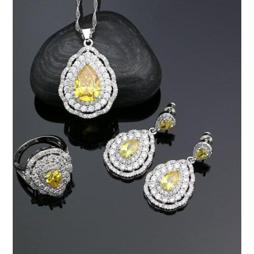 Fashion Women 925 Sterling Silver Jewelery Yellow Cubic Zirconia Crystal Earrings/Pendant/Necklace/Ring Jewelry Sets