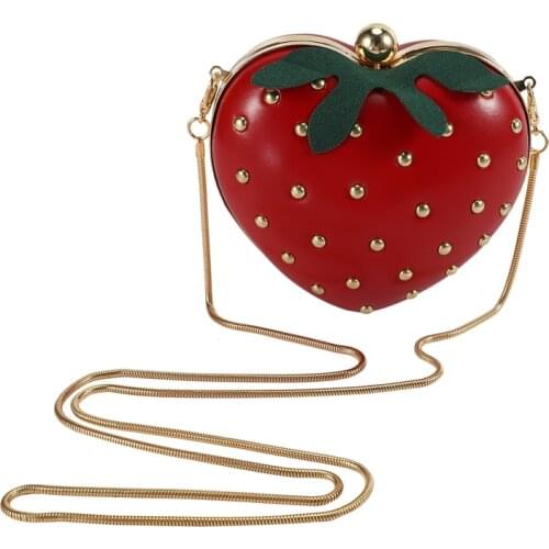 Cute Strawberry Heart Shape Pu Studs Fashion Lady Chain Wallet Clutch Bag Shoulder Bag Handbag