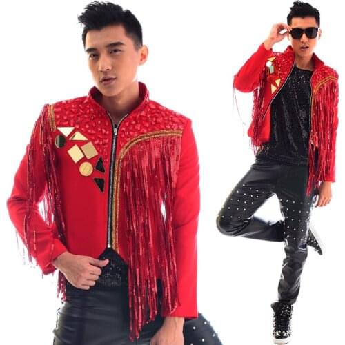 Red stand collar men suits designs tassels stage costumes for singers men sequin blazer dance clothes jacket dress punk