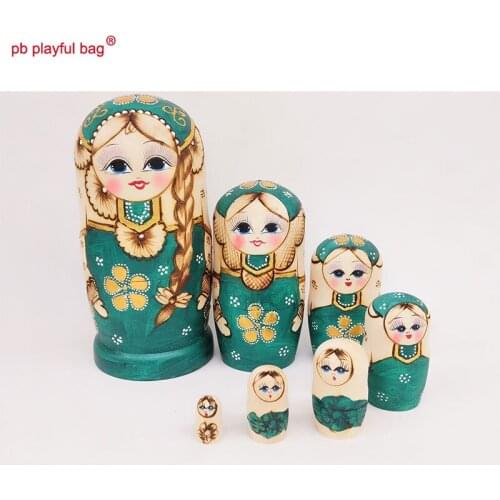 PB Playful bag Seven story green braided girl Russian Doll Set fun wooden toy set handicraft couple birthday gift HG20