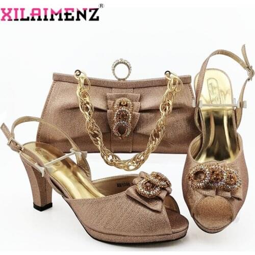 Office Ladies Ladies Shoes Matching Bag in Champagne Color Italian MaMa Shoes and Bag Set Decorate with Rhinestone for Party