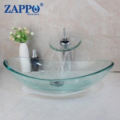 ZAPPO Transparent Tempered Glass Washbasin Chrome Finished Basin Sink Faucets Set Ingot Shape Modern Design W/ Tap & Drain