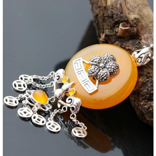 Retro Thai Silver Wholesale S925 Sterling Silver With Natural Yellow Chalcedony Pendant Vintage Silver Women Pendant