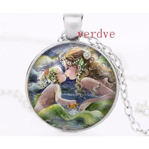 Mermaid Kissing Baby Art Print Pendant Necklace Glass Jewelry Charm Gifts for Her or Him Child Mother Daughter Mom
