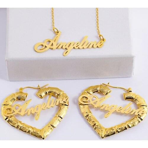 AurolaCo Custom Name Earrings Personalize Stainless Steel Heart Bamboo Earrings Gold Choker Necklace Set For Women Jewelry Gifts
