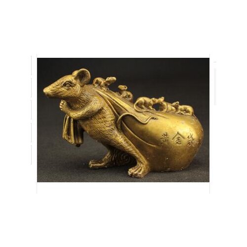 Collecting OLD copper Elaborate Old crafts Brass Exquisite Chinese Brass Statue - Big Mouse Draging Big Gold Bag and Small Mice