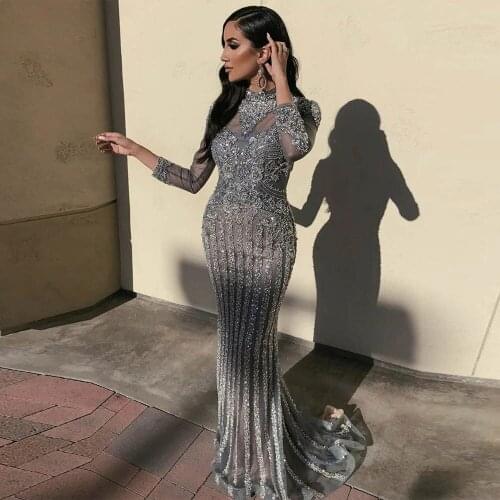 Dark Gray Rhinestones Long Sleeve Evening Dress High Neck Tulle Beaded Mermaid Evening Party Gown Real Photos